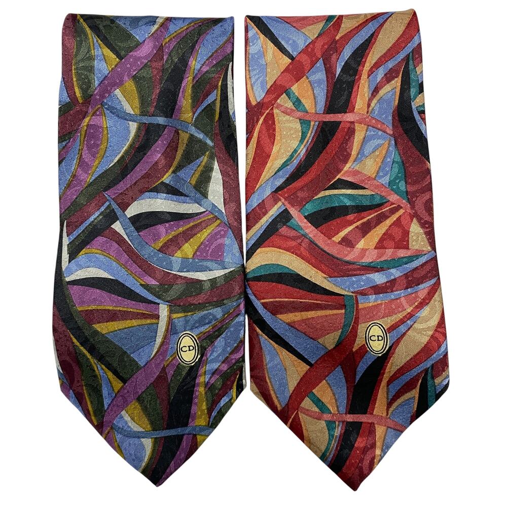 Vintage Christian Dior Printed Polyester Neck Tie Lot Of 2 - Picture 2 of 8